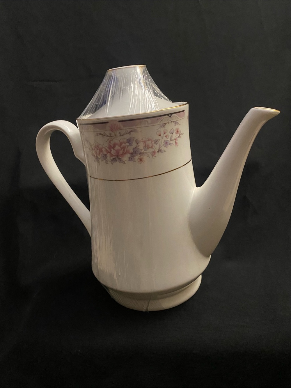 China Pride Porcelain Coffee Pot w/ Lid, White Pink Floral, 1 Qt (3467)